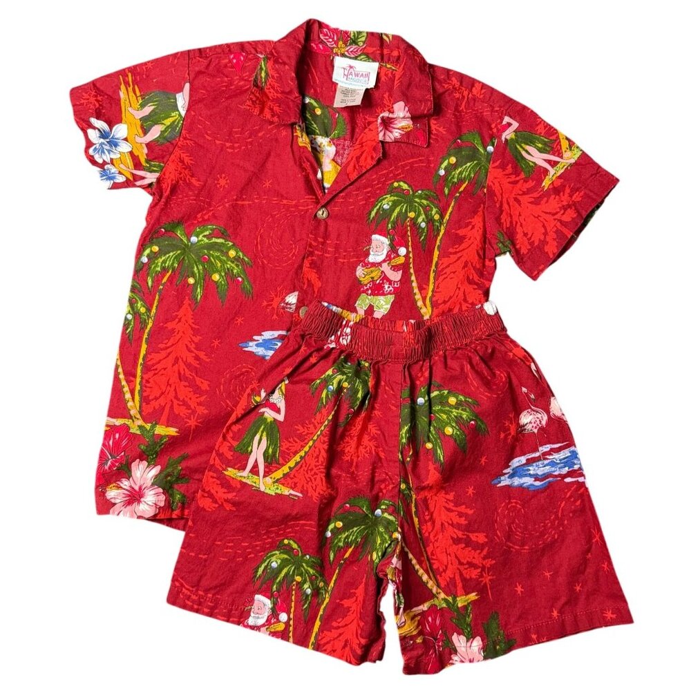 Hawaii Hangover Boys Red Hawaiian Shirt & Shorts Set Santa Floral Holiday Size 4